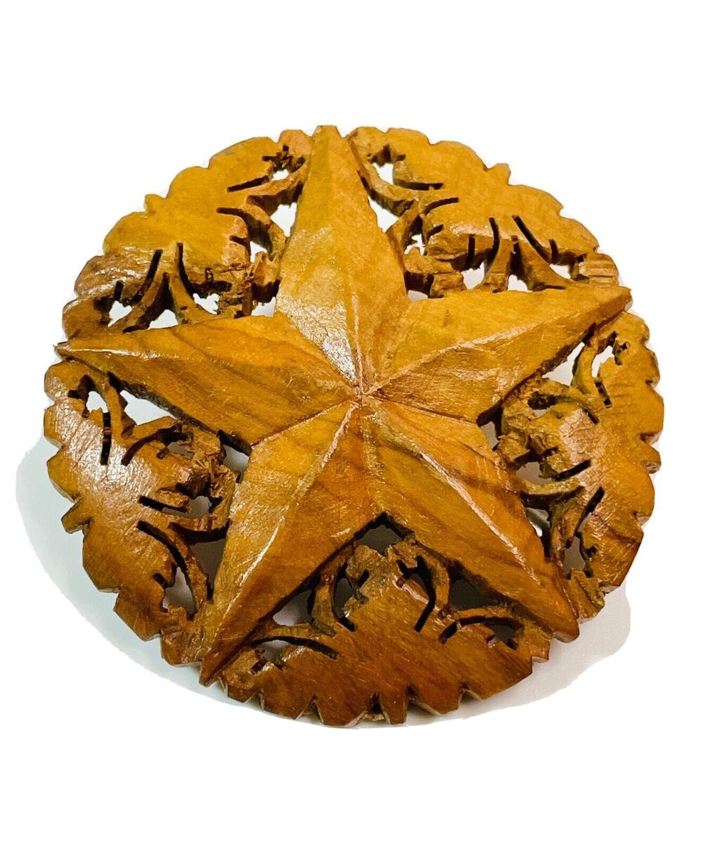 Large Bethlehem Star Brooch Carved Olive Wood Pin MCM Christmas Jewelry Handmade
